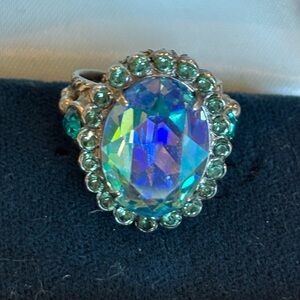 Sorrelli Blue Green Oval Swarovski Crystal Antique Silver Adjustable Ring